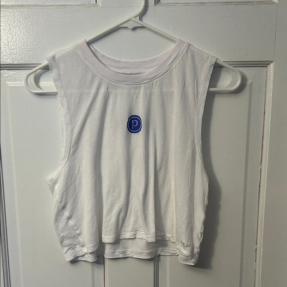 Pure Barre White Cropped Muscle Tank with Blue Logo